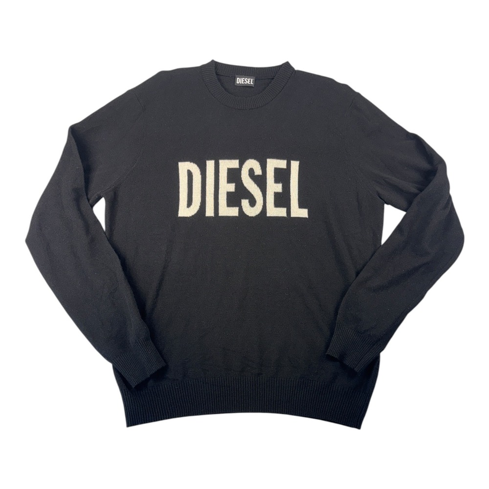 Diesel Men XXL Black Wool Cashmere Logo Crewneck Sweater Made Italy Designer